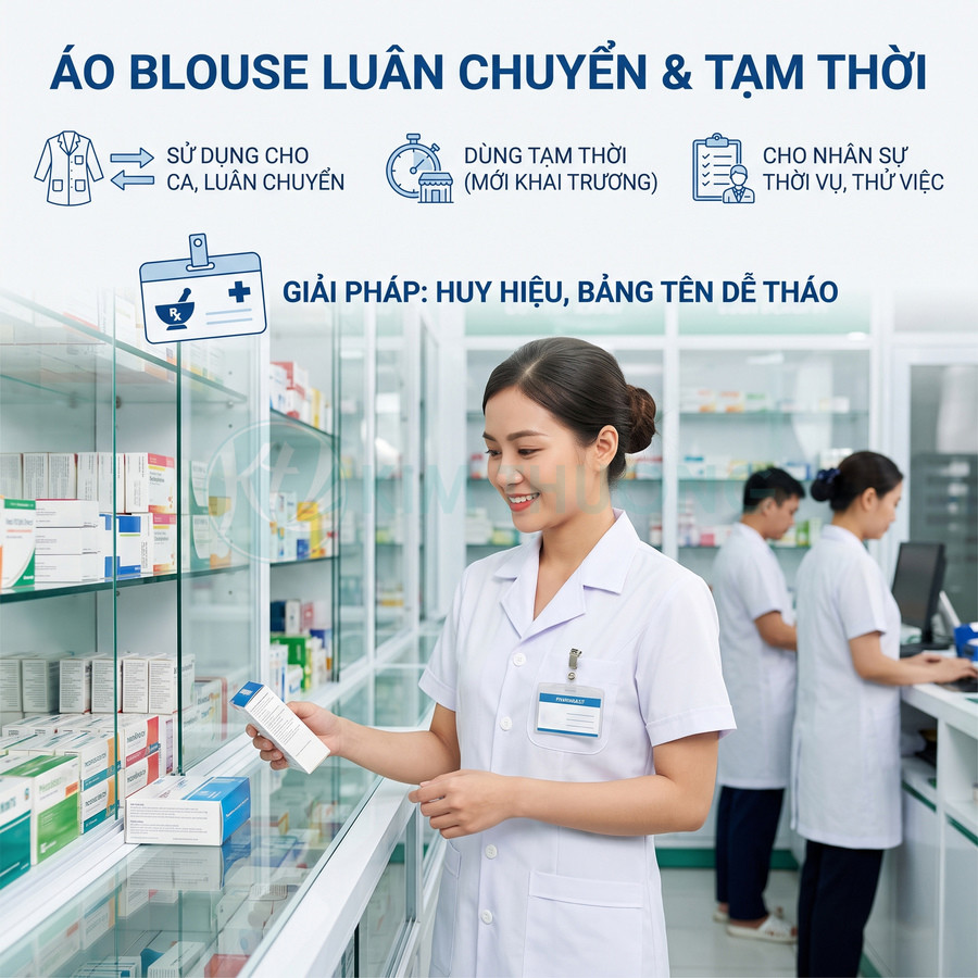 Nhân viên nhà thuốc mặc áo blouse trắng gắn bảng tên dễ tháo đang lấy hộp thuốc trên kệ