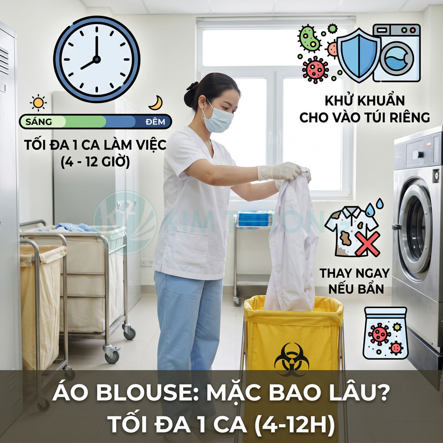Nhân viên y tế mặc đồ bảo hộ đang cho áo blouse trắng đã dùng vào thùng rác y tế màu vàng