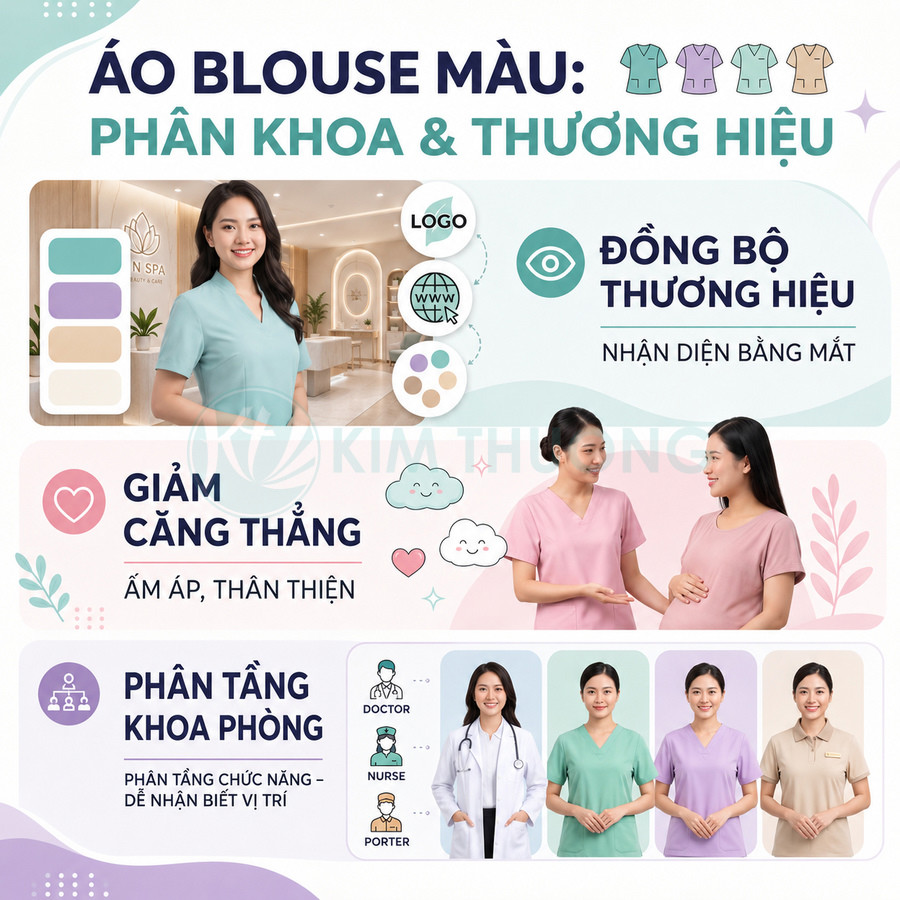 Áo blouse spa và y tá nhiều màu cho từng khoa phòng, giúp đồng bộ thương hiệu và tạo cảm giác thân thiện