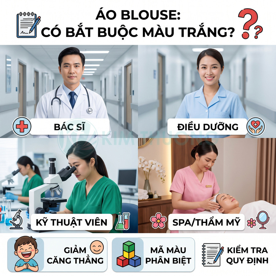 Các loại áo blouse bác sĩ trắng, điều dưỡng xanh nhạt, kỹ thuật viên xanh lá, nhân viên spa hồng dùng phân biệt chuyên môn