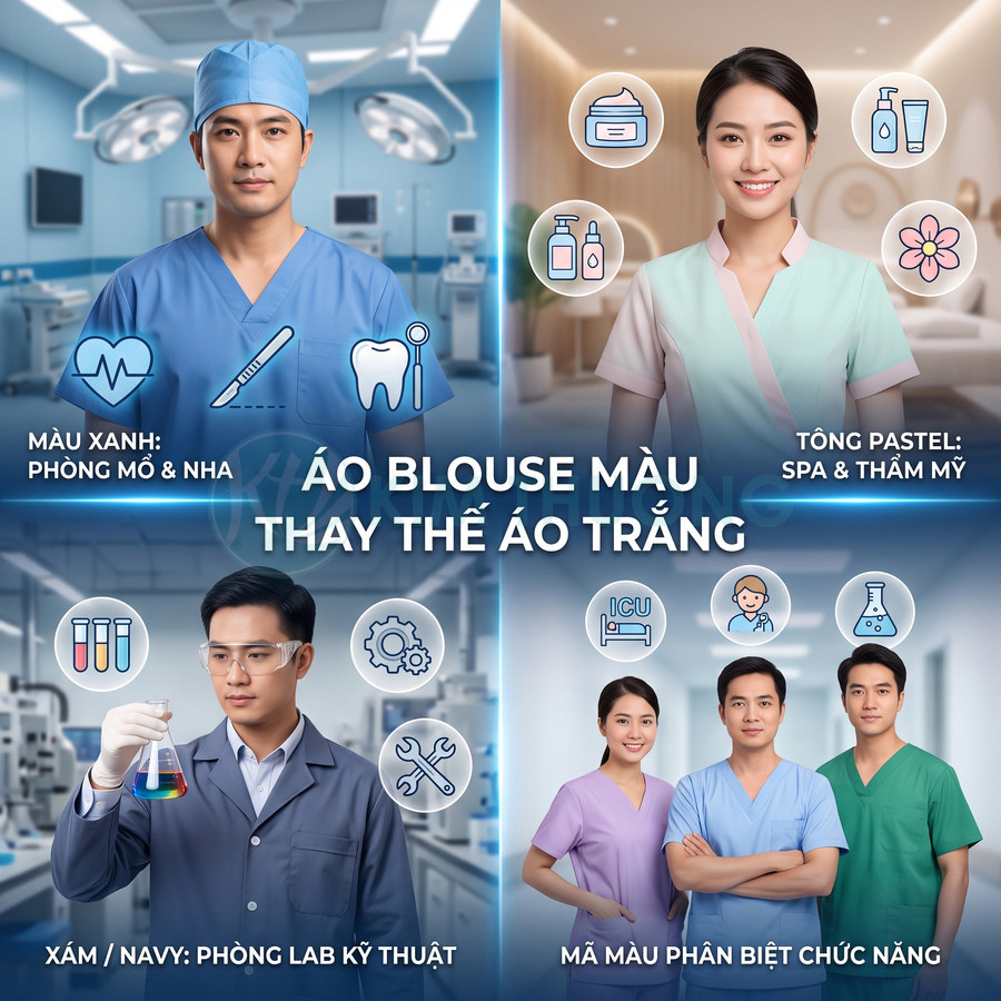 Áo blouse y tế nhiều màu cho bác sĩ, điều dưỡng, kỹ thuật viên và spa thay thế áo trắng truyền thống