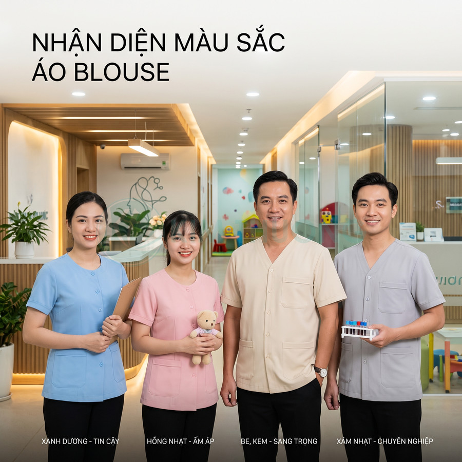Nhân viên y tế mặc áo blouse xanh dương hồng be xám đứng trong phòng khám hiện đại