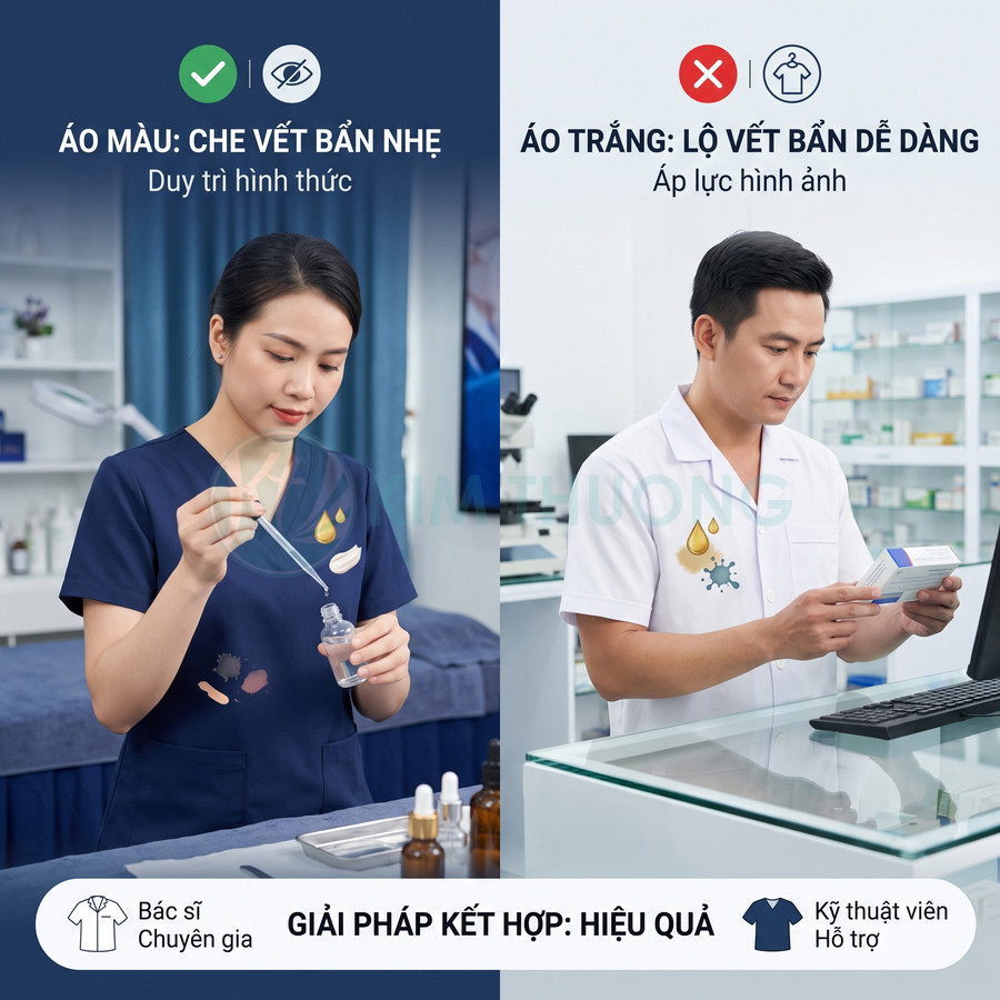 So sánh áo blouse màu xanh và áo trắng cho nhân viên y tế, áo màu che vết bẩn tốt hơn