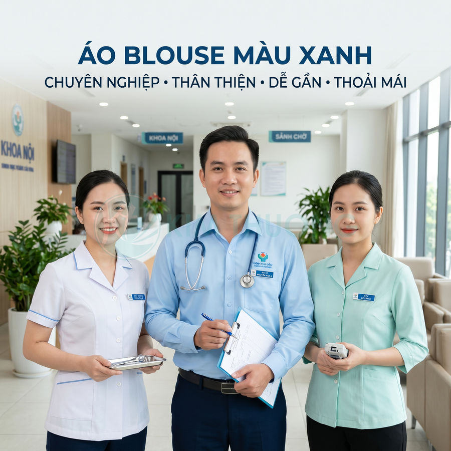 Bộ đồng phục áo blouse màu xanh cho bác sĩ và y tá trong bệnh viện hiện đại
