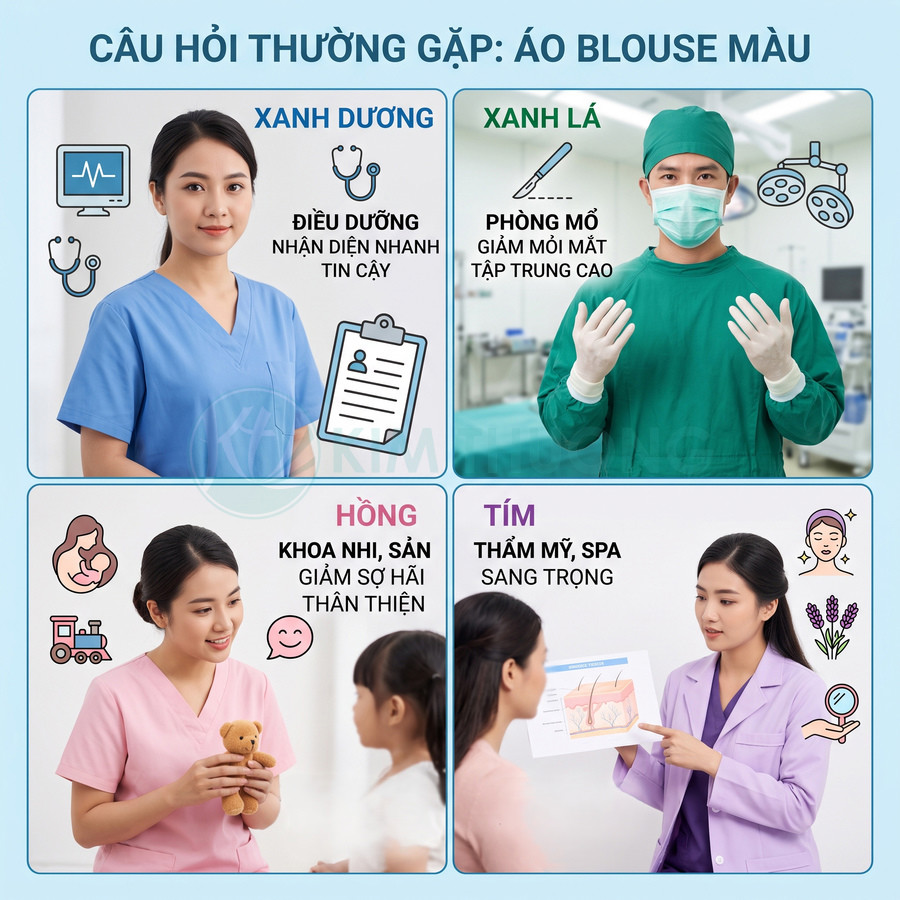 Các mẫu áo blouse y tế màu xanh dương, xanh lá, hồng, tím cho điều dưỡng, bác sĩ, thẩm mỹ spa