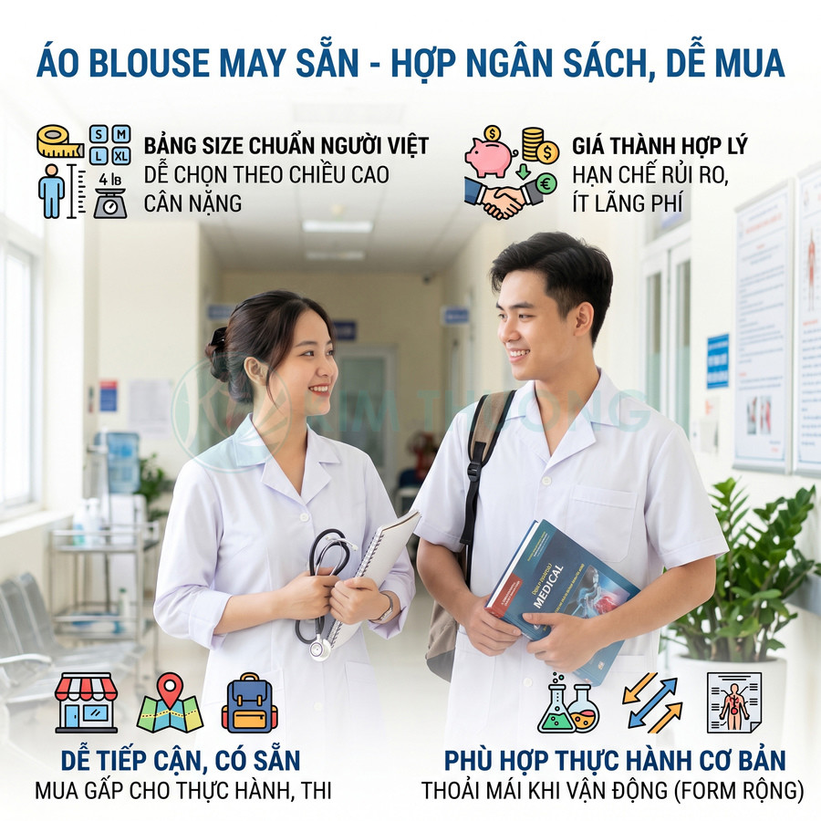 Hai sinh viên y khoa mặc áo blouse trắng may sẵn, cầm sách vở và ống nghe trong hành lang bệnh viện
