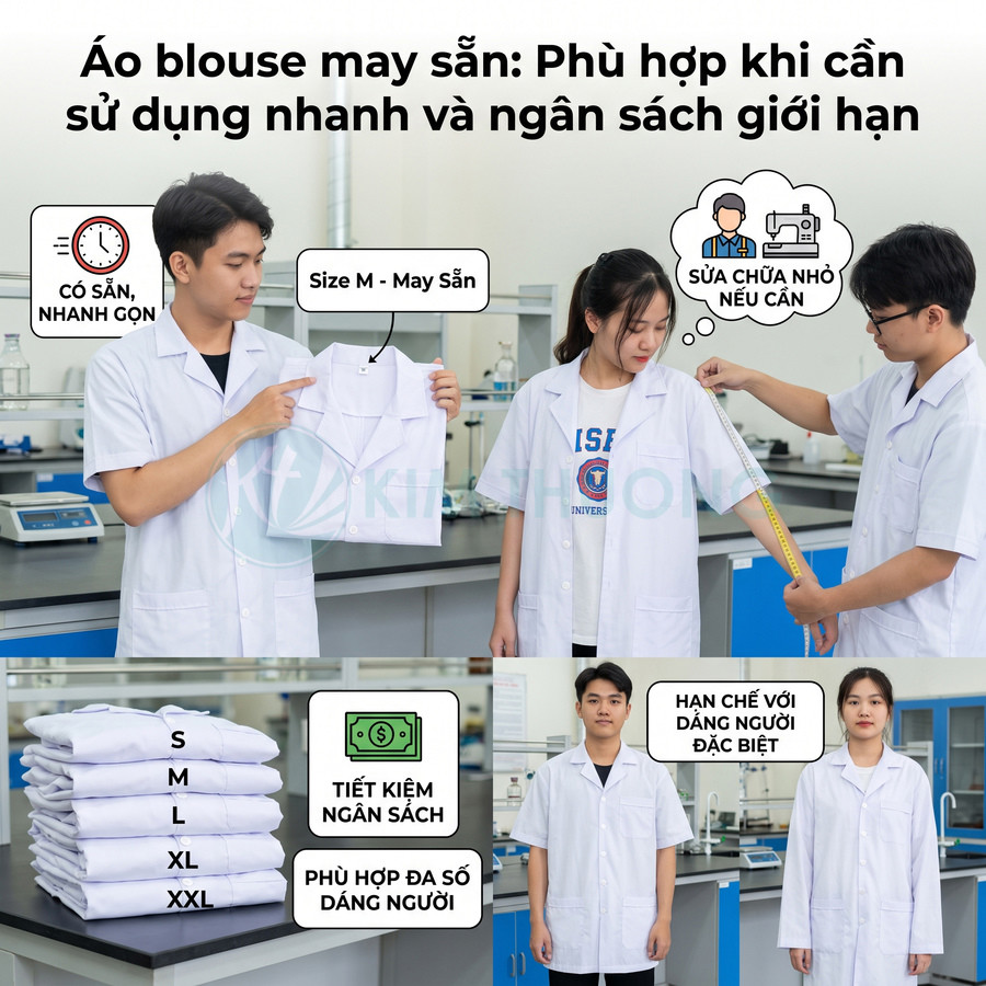 Áo blouse may sẵn màu trắng, kiểu dáng rộng, có nhiều cỡ từ S đến XXL, phù hợp đa số người mặc