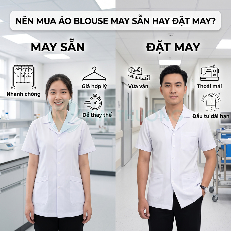 So sánh áo blouse y tế may sẵn và đặt may với người mẫu nam nữ mặc áo trắng trong bệnh viện