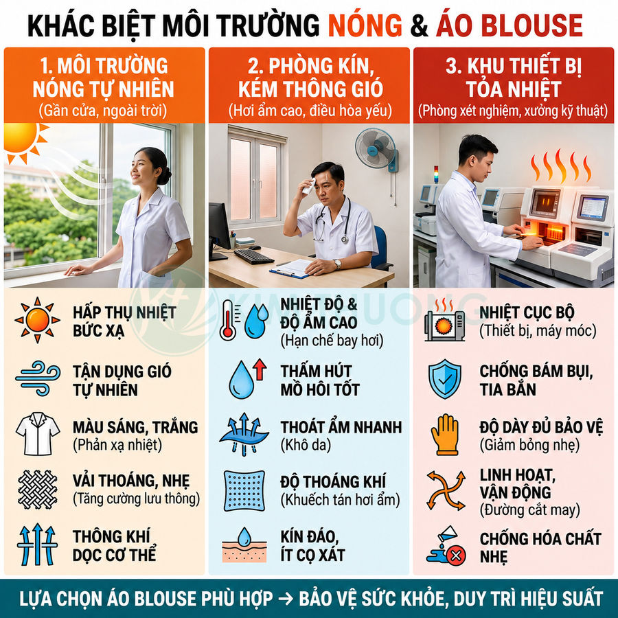 Áo blouse y khoa cho bác sĩ trong các môi trường làm việc nóng, kín và khu thiết bị tỏa nhiệt