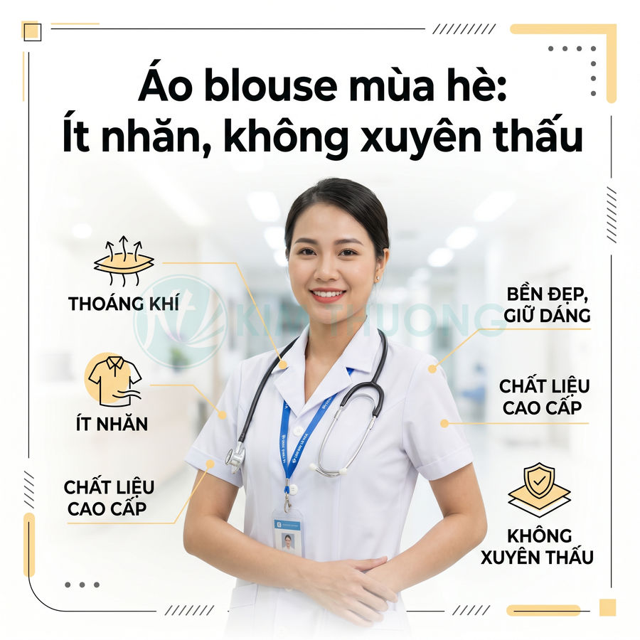Áo blouse y tế mùa hè trắng thoáng khí, ít nhăn, không xuyên thấu, chất liệu cao cấp cho bác sĩ nữ