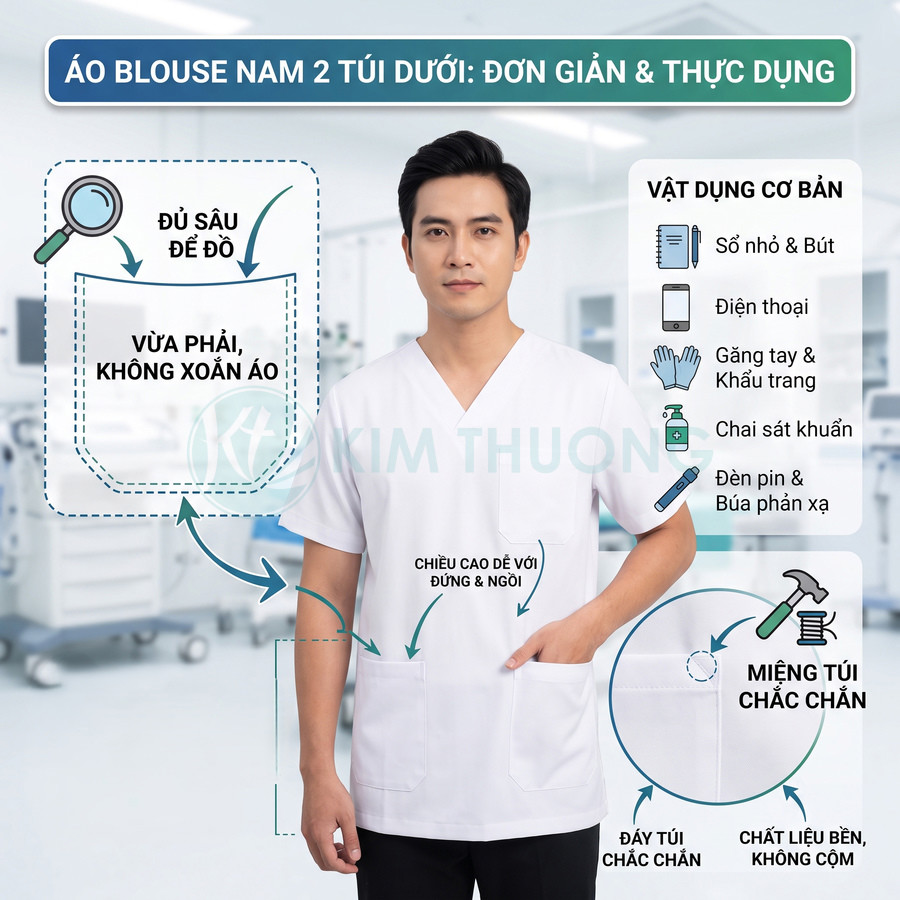 Áo blouse nam trắng hai túi dưới chất liệu bền chắc cho nhân viên y tế trong phòng khám