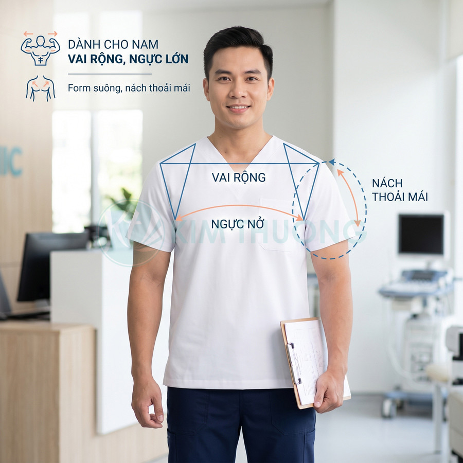 Đồng phục y tá nam cổ tim màu trắng form rộng cho vai to ngực lớn, nách thoải mái trong phòng khám