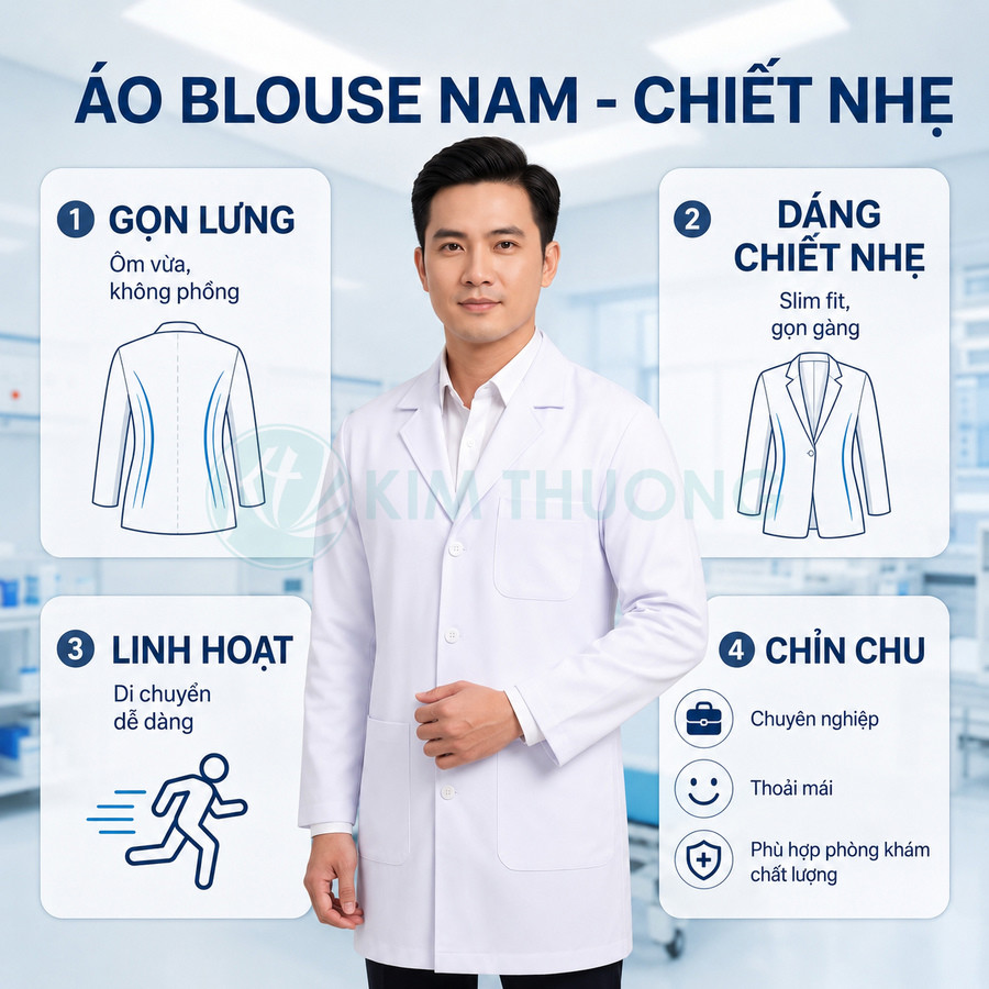 Áo blouse nam màu trắng dáng chiết nhẹ, gọn lưng, linh hoạt, phù hợp bác sĩ và nhân viên y tế