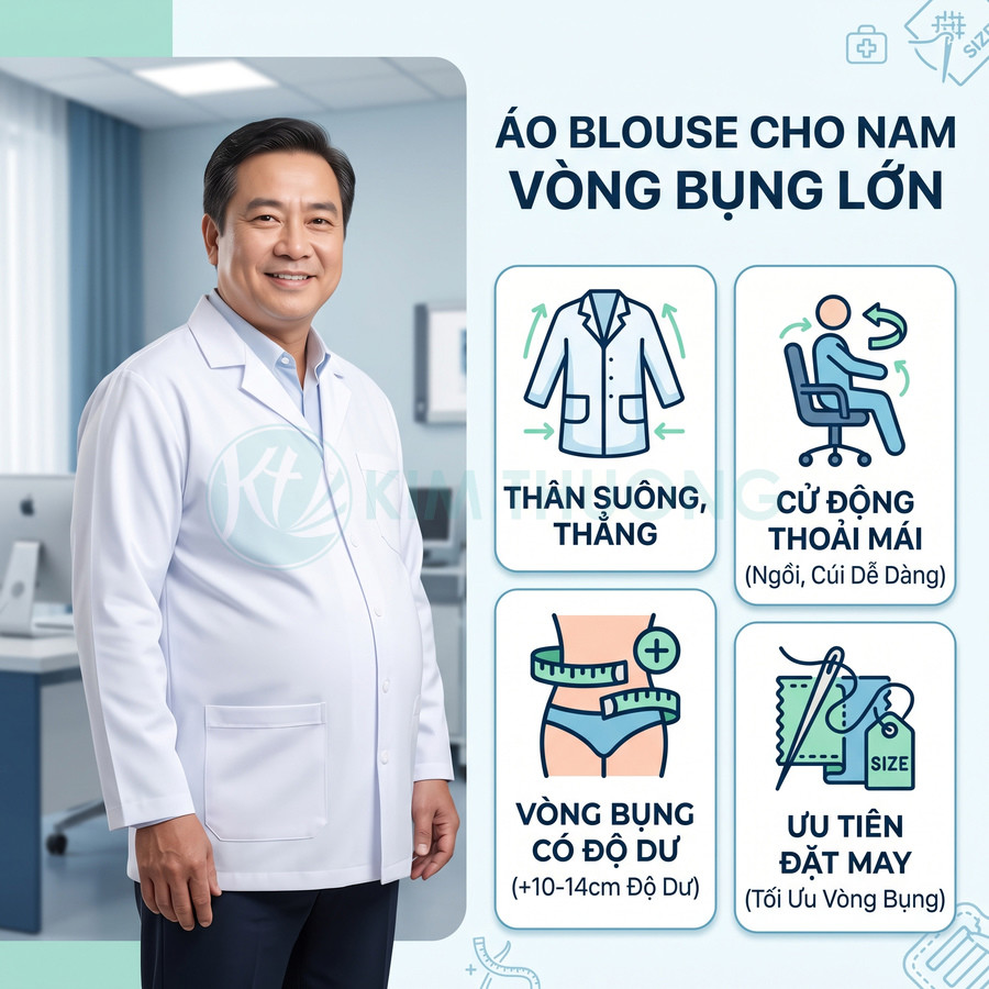 Áo blouse nam cho người vòng bụng lớn, form suông thẳng, thoải mái cử động, thiết kế rộng bụng và ưu tiên đặt may