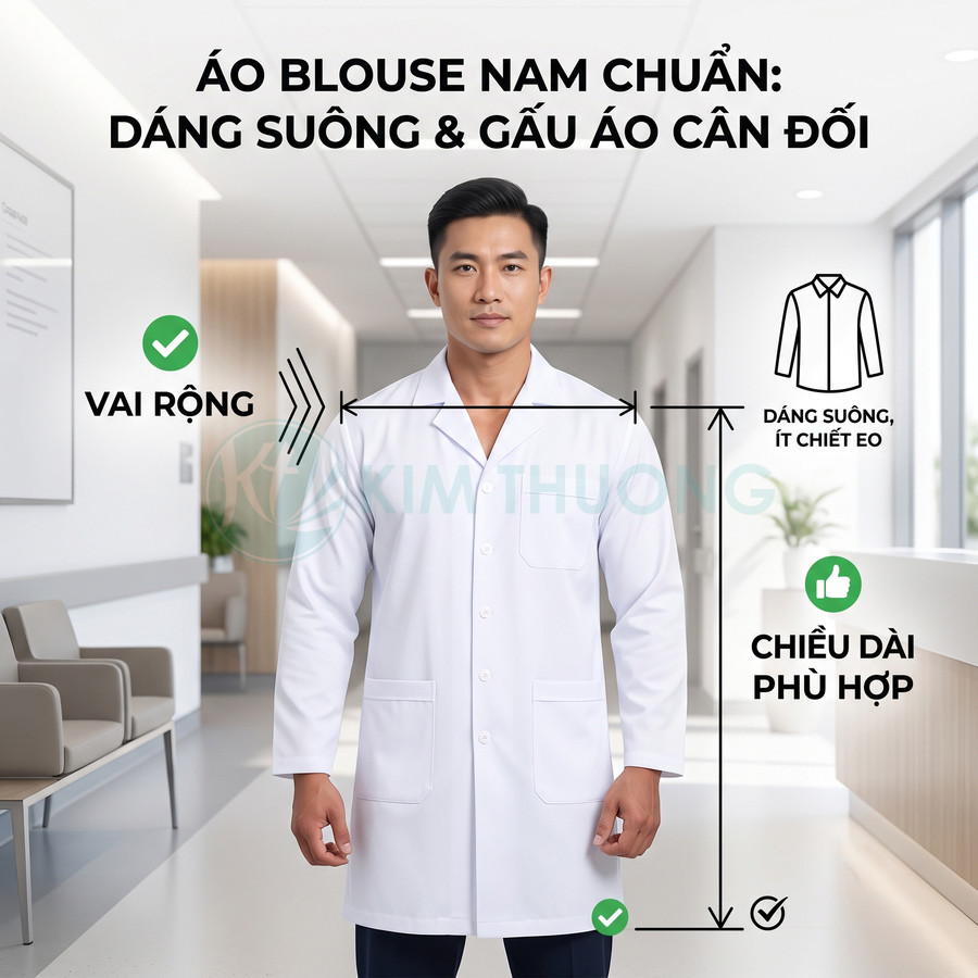 Áo blouse nam dáng suông vai rộng chiều dài cân đối cho bác sĩ nhân viên y tế