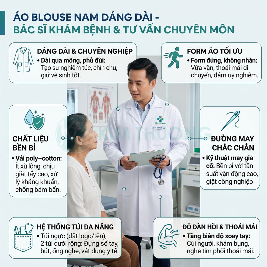 Áo blouse nam dáng dài màu trắng cho bác sĩ khám bệnh và tư vấn chuyên môn trong phòng khám