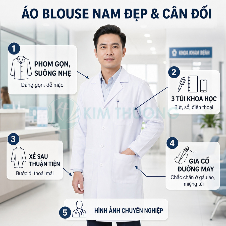 Áo blouse nam trắng Kim Thương phom gọn, nhiều túi tiện dụng cho bác sĩ trong bệnh viện