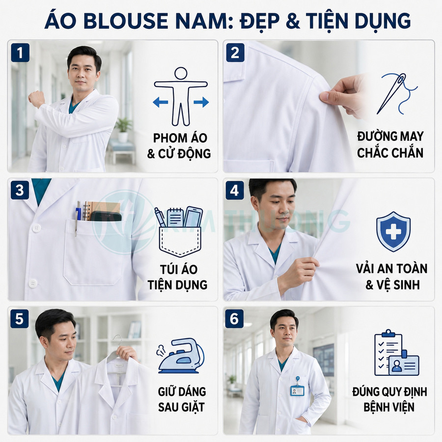 Áo blouse nam trắng cho bác sĩ, phom dáng đẹp, túi tiện dụng, vải an toàn dễ giặt và giữ form, phù hợp quy định bệnh viện