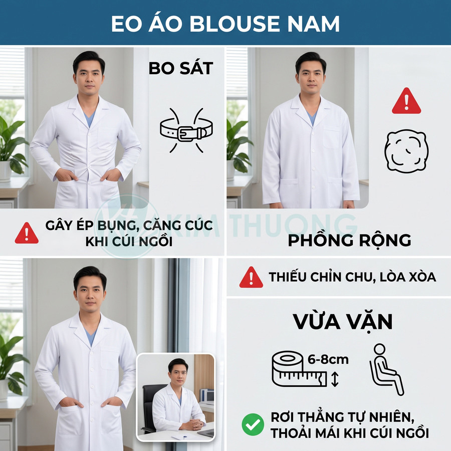 Bác sĩ nam mặc áo blouse trắng với ba kiểu dáng bo sát, phồng rộng và vừa vặn, minh họa độ ôm eo phù hợp