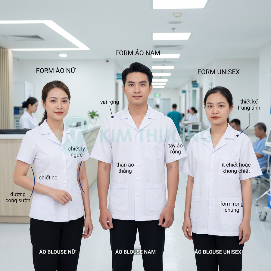Mẫu áo blouse y tế nam nữ và unisex màu trắng cho nhân viên bệnh viện đứng trong hành lang