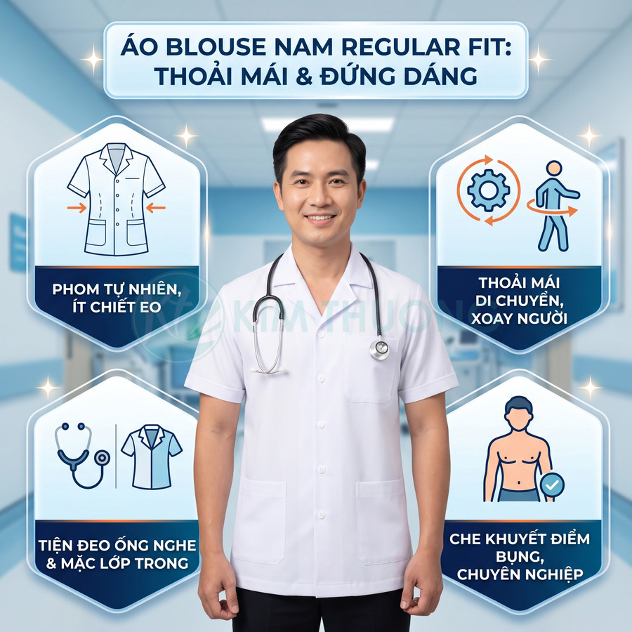 Áo blouse nam regular fit màu trắng cho bác sĩ, phom đứng dáng, tiện đeo ống nghe và che khuyết điểm bụng