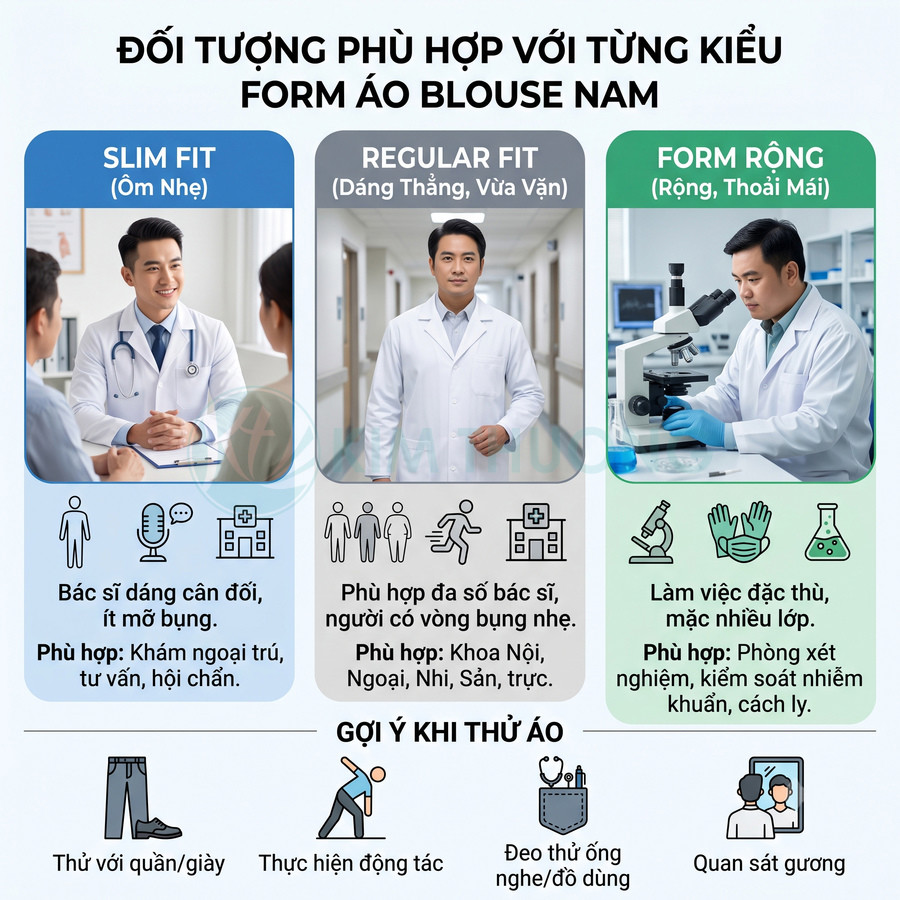 So sánh các kiểu áo blouse nam slim fit regular fit form rộng cho bác sĩ và nhân viên y tế