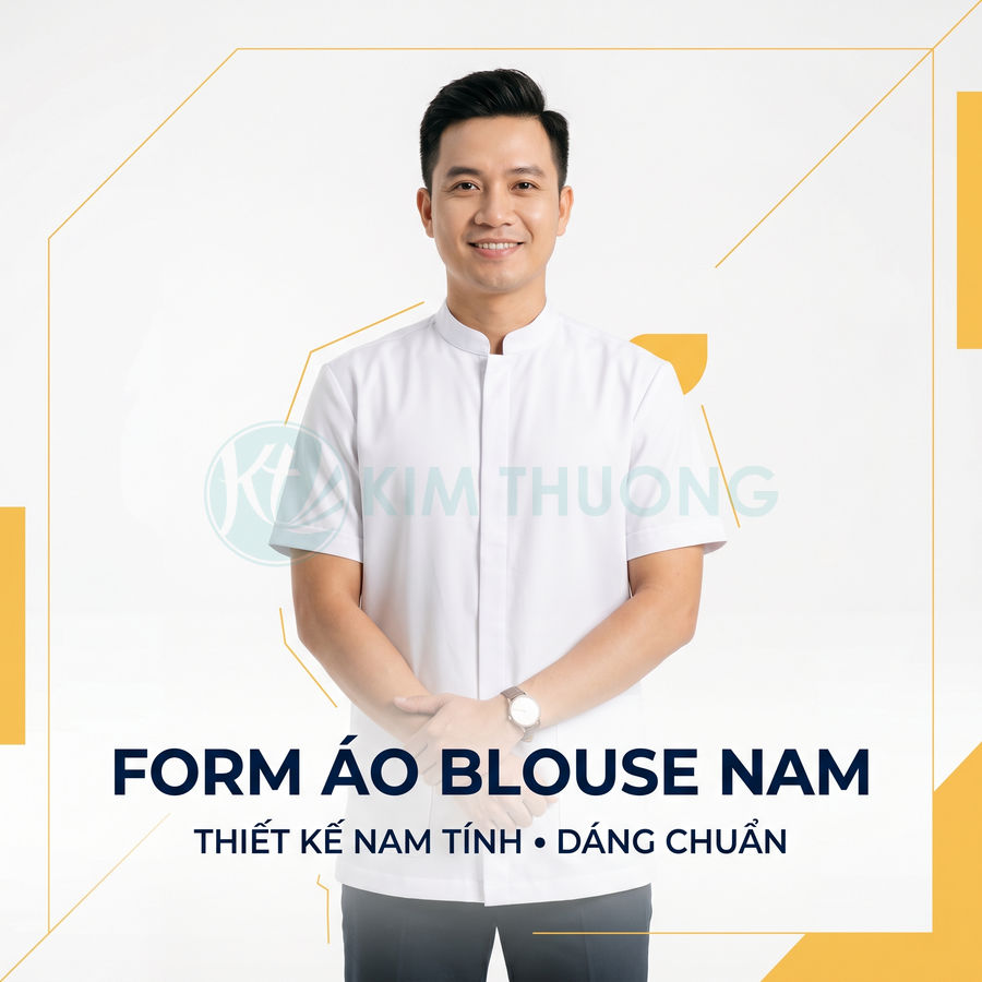 Áo blouse nam tay ngắn cổ đứng màu trắng form chuẩn cho nhân viên y tế Kim Thương