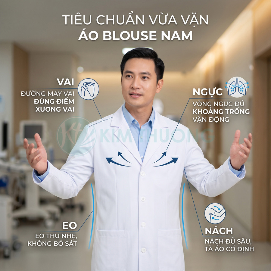Bác sĩ nam mặc áo blouse trắng vừa vặn, đứng trong bệnh viện, giới thiệu các tiêu chí chọn áo blouse nam