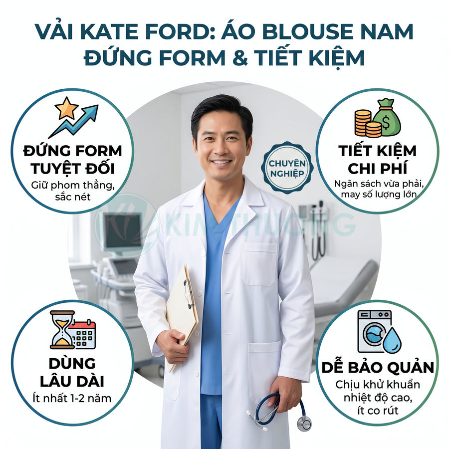 Bác sĩ nam mặc áo blouse vải Kate Ford trắng đứng form, cầm hồ sơ và ống nghe trong phòng khám hiện đại