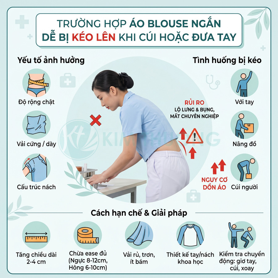 Infographic hướng dẫn chọn áo blouse ngắn cho nhân viên y tế tránh bị kéo lên khi cúi hoặc đưa tay