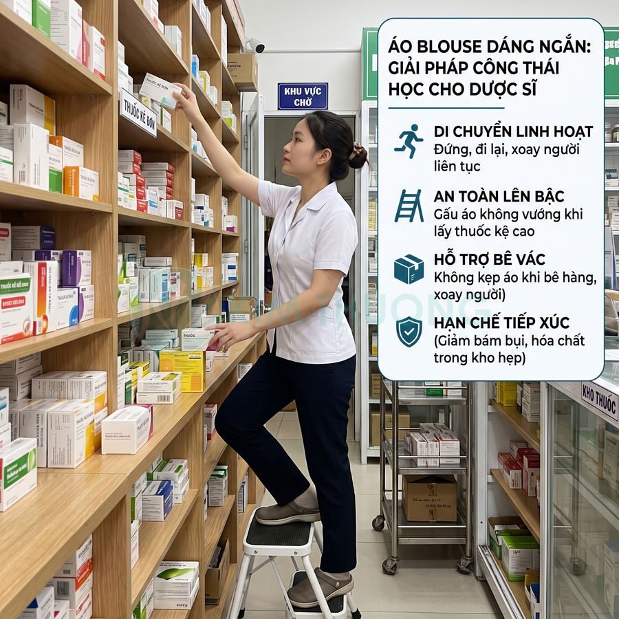 Dược sĩ mặc áo blouse dáng ngắn đứng trên ghế lấy thuốc trên kệ cao trong nhà thuốc
