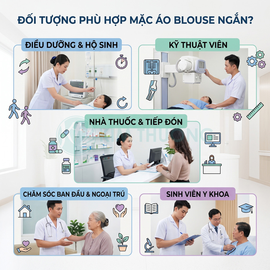 Nhân viên y tế và sinh viên y khoa mặc áo blouse trắng ngắn chăm sóc, khám và tư vấn cho bệnh nhân trong bệnh viện