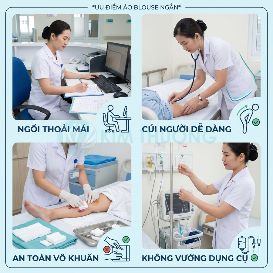 Điều dưỡng mặc áo blouse ngắn màu trắng thao tác khám và chăm sóc bệnh nhân trong phòng bệnh viện