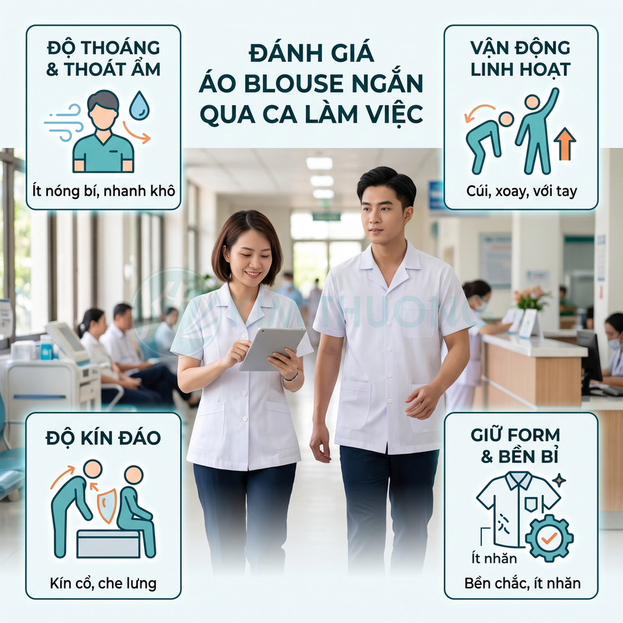 Áo blouse ngắn tay cho nhân viên y tế, chất liệu thoáng mát, kín đáo, giữ form tốt khi làm việc trong bệnh viện