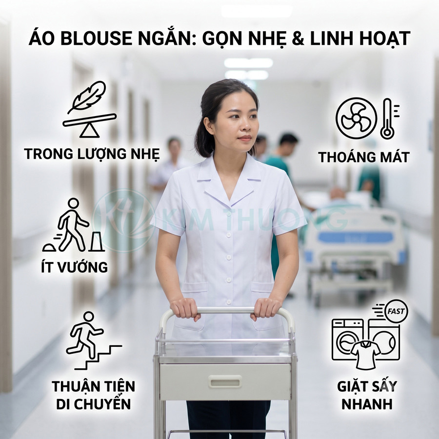 Áo blouse ngắn màu trắng cho nhân viên y tế, thiết kế gọn nhẹ, thoáng mát, thuận tiện di chuyển trong bệnh viện