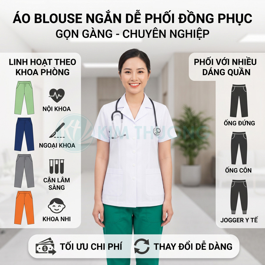 Áo blouse ngắn nữ màu trắng phối quần xanh cho nhân viên y tế trong bệnh viện