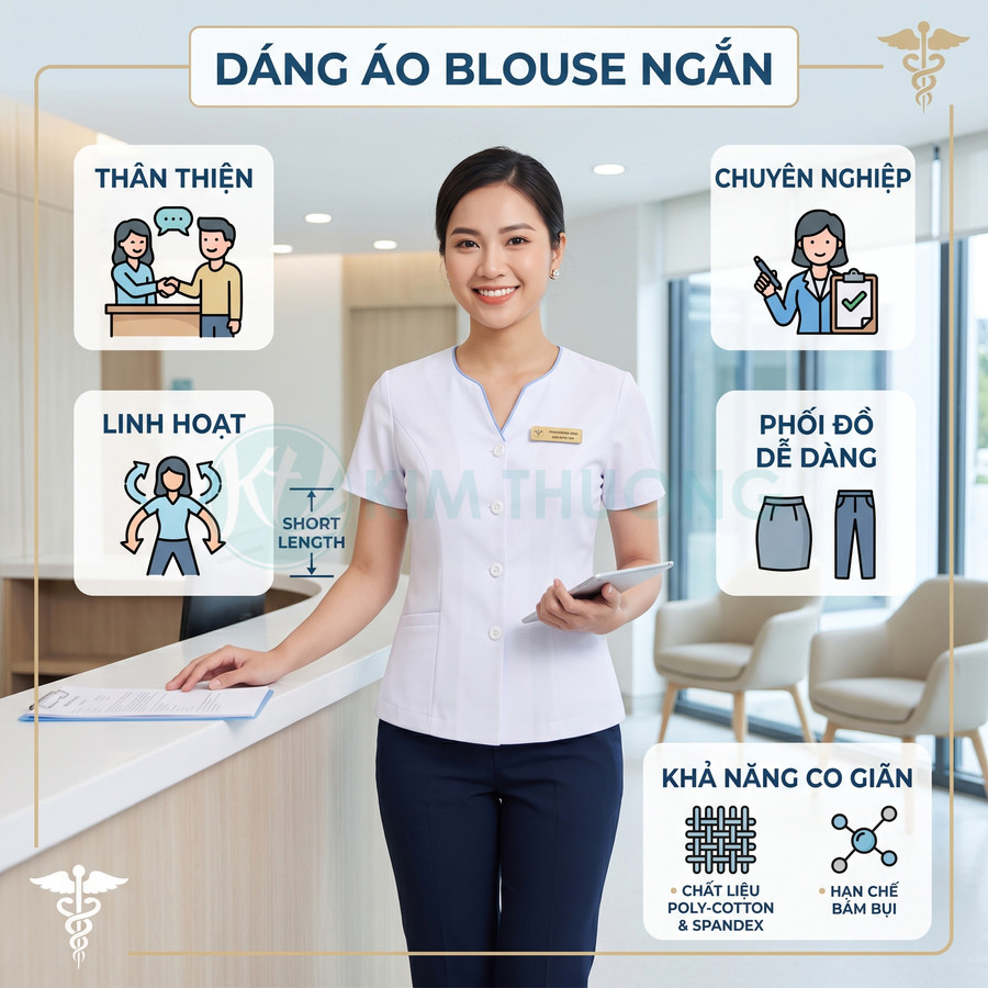 Nữ nhân viên y tế mặc áo blouse ngắn tay trắng dáng ôm, quần xanh navy, đứng trong sảnh phòng khám hiện đại
