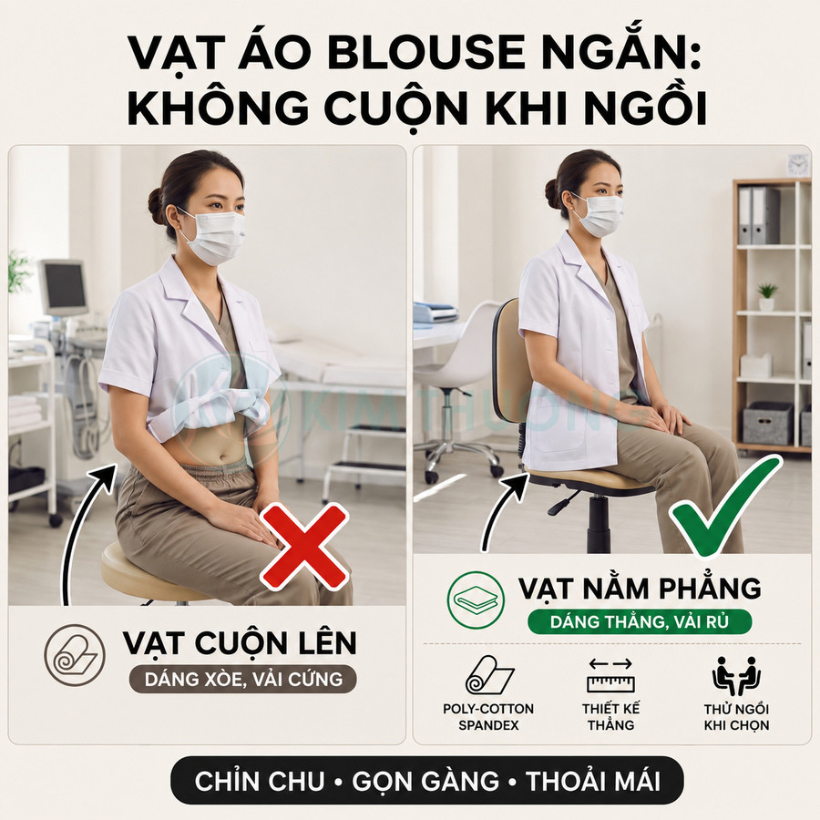 Áo blouse ngắn cho nhân viên y tế vạt không cuộn khi ngồi, chất vải mềm rũ, thiết kế gọn gàng thoải mái