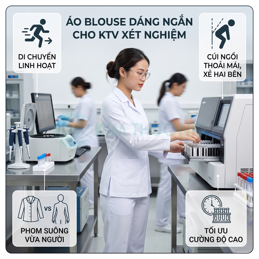 Áo blouse dáng ngắn cho kỹ thuật viên xét nghiệm nữ làm việc trong phòng lab hiện đại