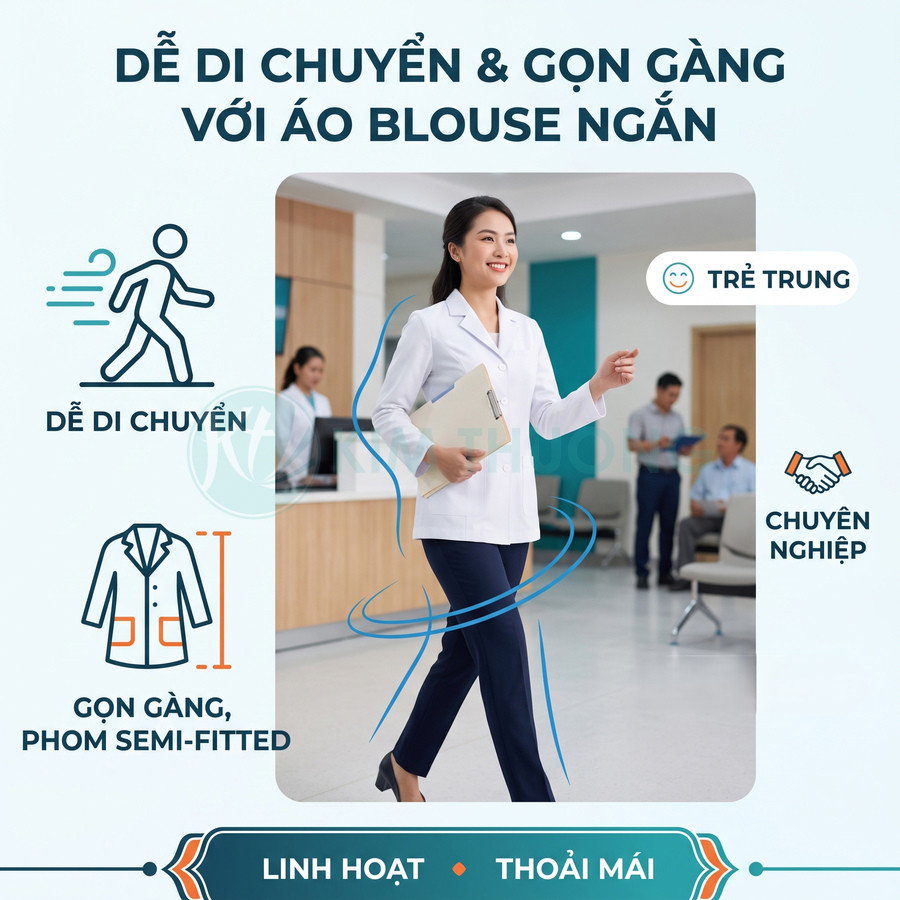 Nữ nhân viên y tế mặc áo blouse ngắn trắng phom semi fitted, quần xanh navy, đang di chuyển trong bệnh viện