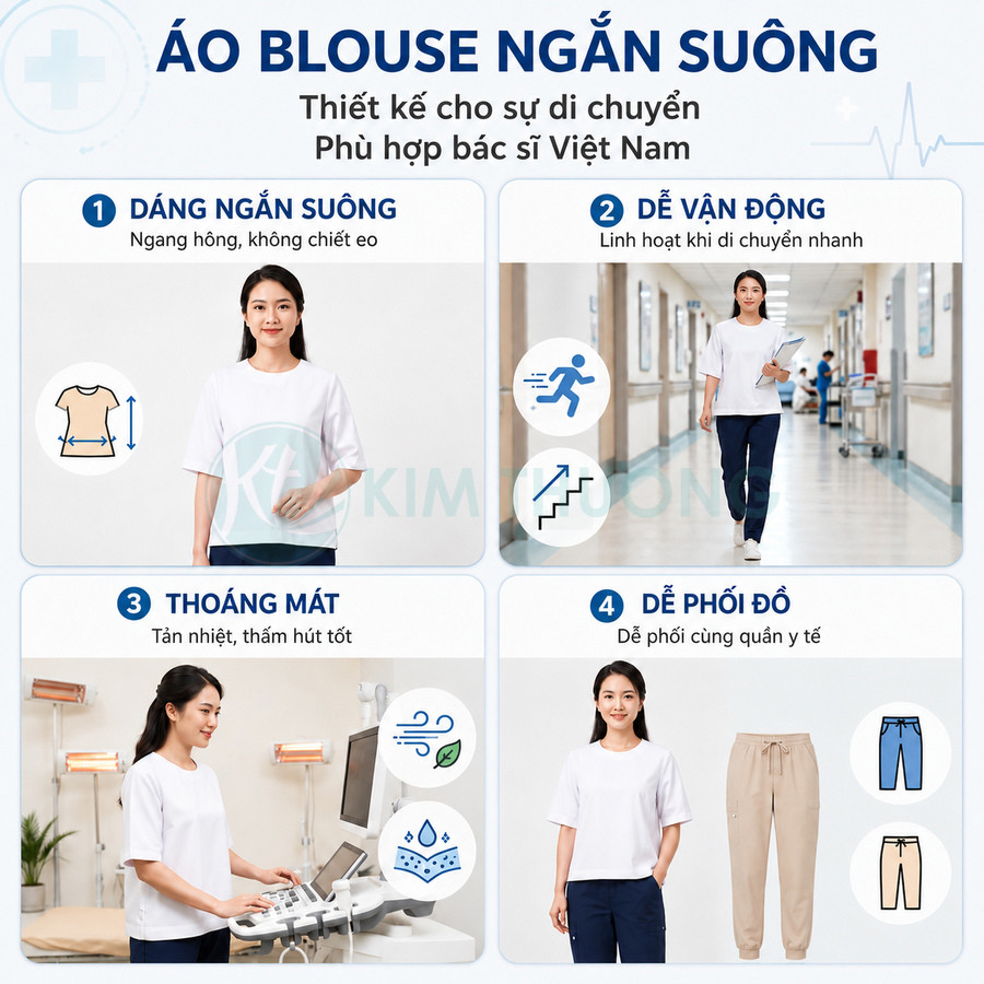 Áo blouse ngắn suông màu trắng cho bác sĩ nữ, chất liệu thoáng mát, dễ vận động và phối cùng quần y tế