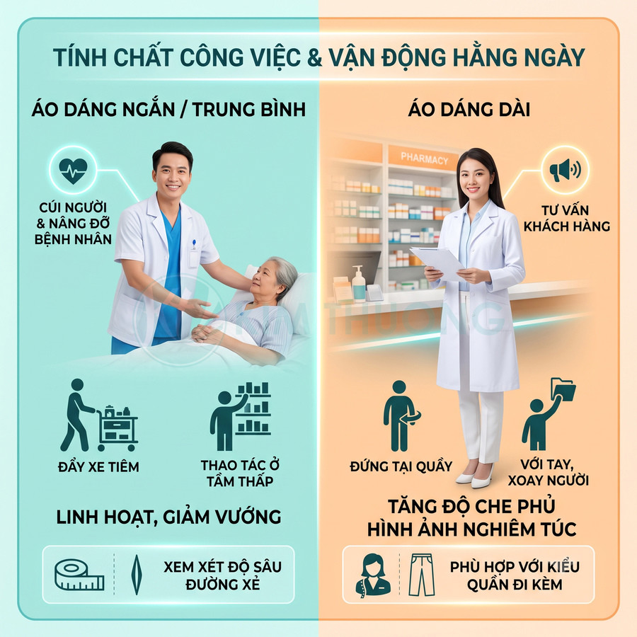 So sánh áo blouse dáng ngắn và dáng dài cho bác sĩ, dược sĩ trong công việc và vận động hằng ngày