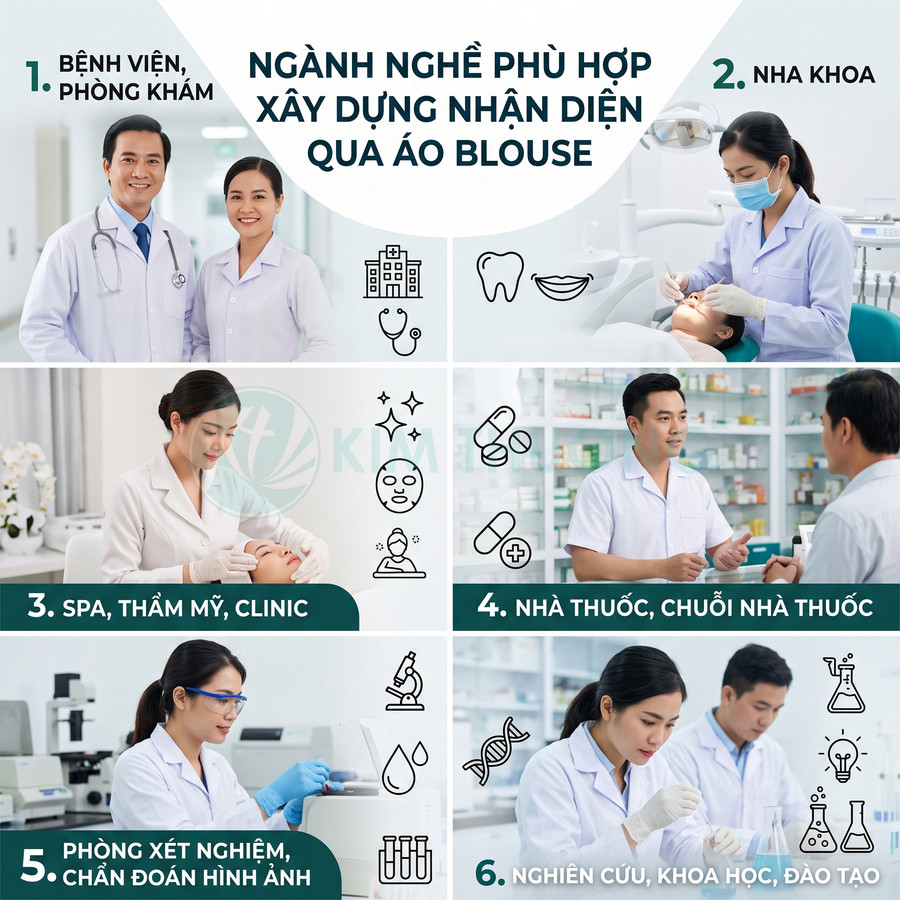 Nhân viên y tế mặc áo blouse trắng làm việc tại bệnh viện, nha khoa, spa, nhà thuốc và phòng xét nghiệm