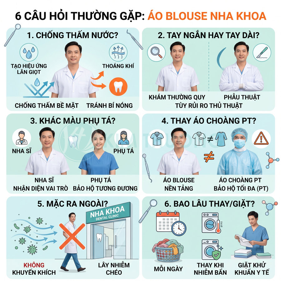 Infographic giải đáp 6 câu hỏi về áo blouse nha khoa cho nha sĩ và phụ tá, hướng dẫn chọn tay áo, màu sắc và cách sử dụng