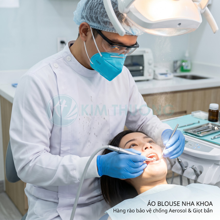 Áo blouse nha khoa trắng cho nha sĩ đeo khẩu trang và găng tay khi điều trị răng cho bệnh nhân