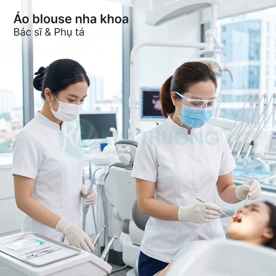 Áo blouse nha khoa trắng cho bác sĩ và phụ tá đang khám răng cho bệnh nhân trong phòng khám hiện đại