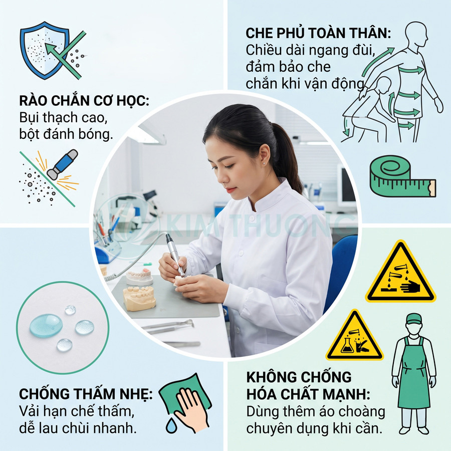 Áo blouse y tế nữ màu trắng cho nha sĩ, chất liệu hạn chế thấm, che phủ toàn thân khi làm việc trong phòng khám