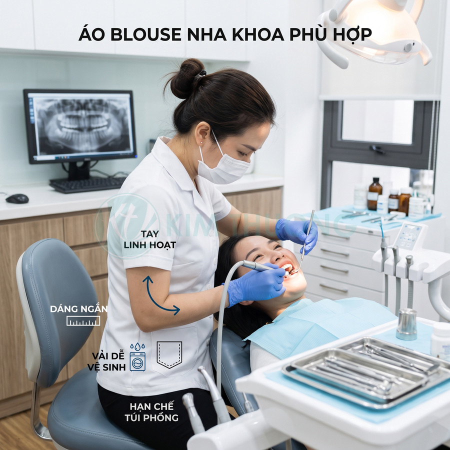 Áo blouse nha khoa tay ngắn màu trắng cho nữ nha sĩ đang khám răng cho bệnh nhân trong phòng khám hiện đại