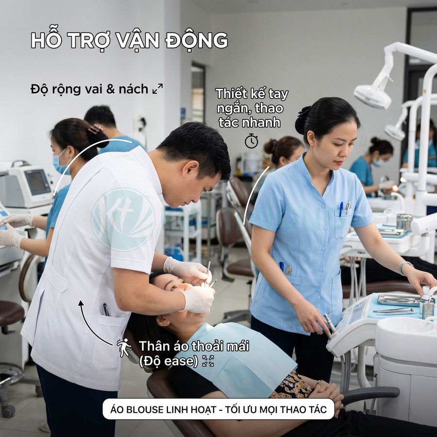 Áo blouse y tế tay ngắn linh hoạt cho nha sĩ và phụ tá trong phòng khám nha khoa
