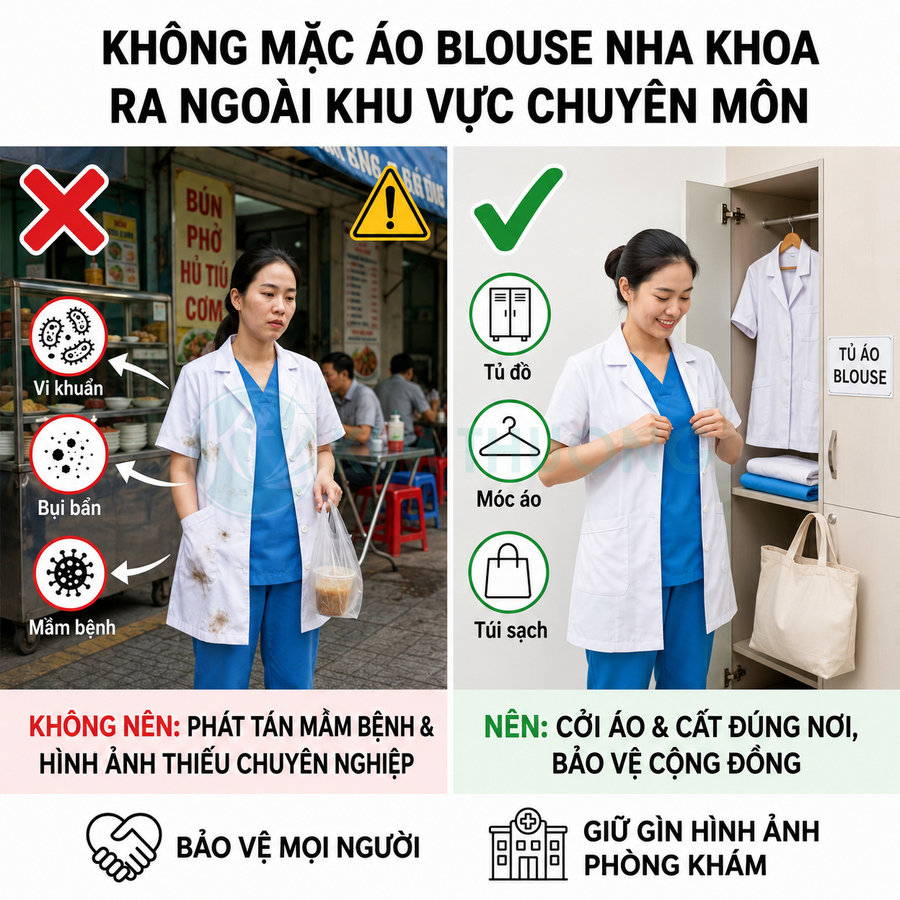 Hướng dẫn nha sĩ không mặc áo blouse bẩn ra ngoài, cởi và cất áo sạch vào tủ để bảo vệ cộng đồng